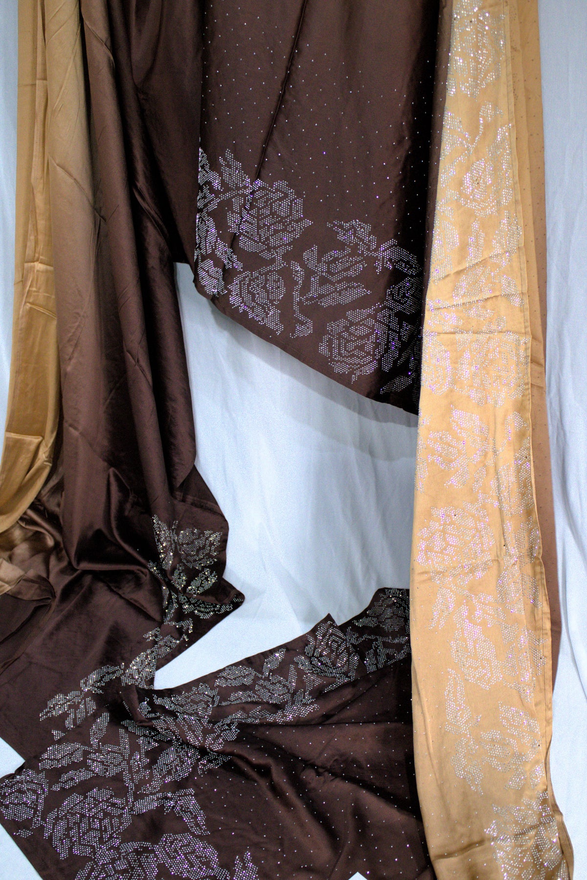 Chocolate Brown and Golden Beige Ombre Swarovski Work Saree