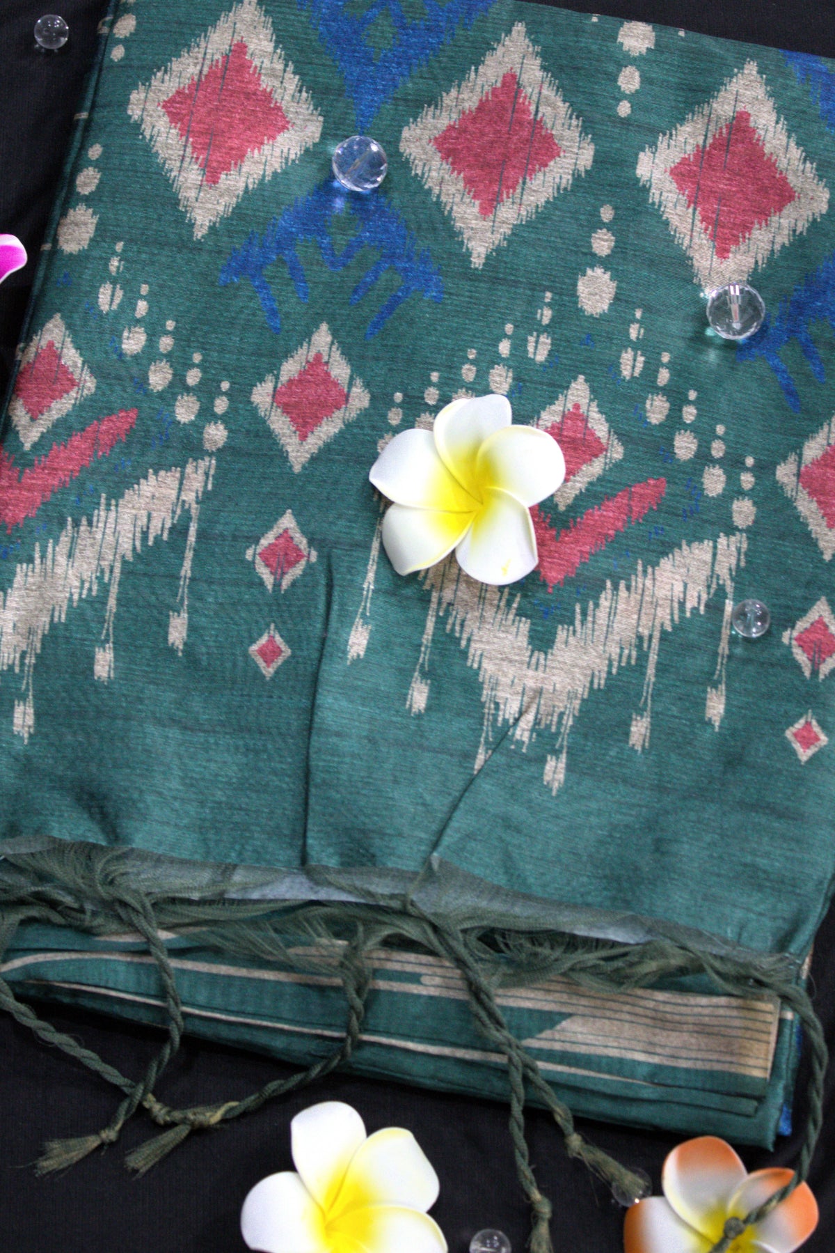 Teal Green Tussar Saree with Geometric Ikat-Inspired Motifs