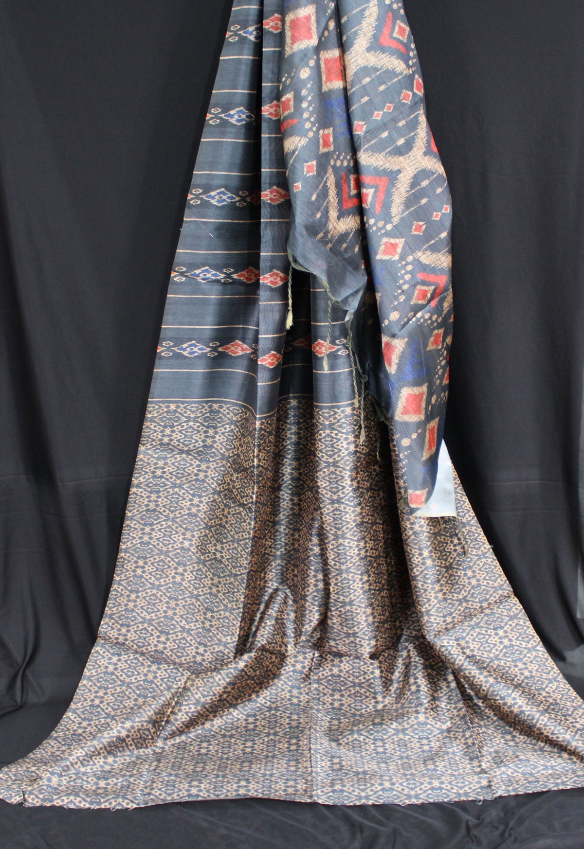 Slate Grey Tussar Saree with Geometric Ikat-Inspired Motifs
