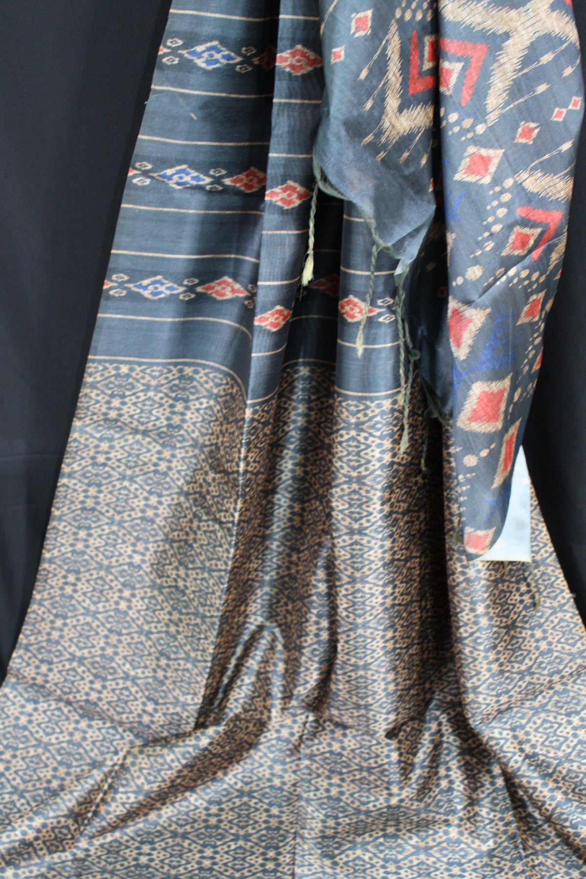 Slate Grey Tussar Saree with Geometric Ikat-Inspired Motifs