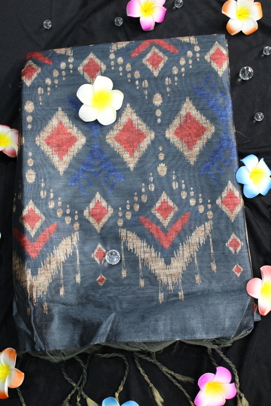 Slate Grey Tussar Saree with Geometric Ikat-Inspired Motifs