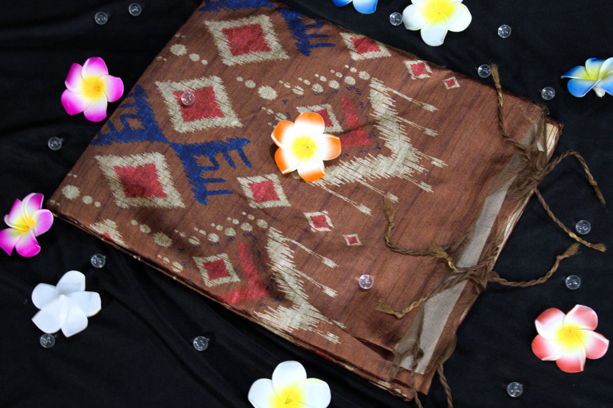 Earthy Brown Tussar Saree with Geometric Ikat-Inspired Motifs