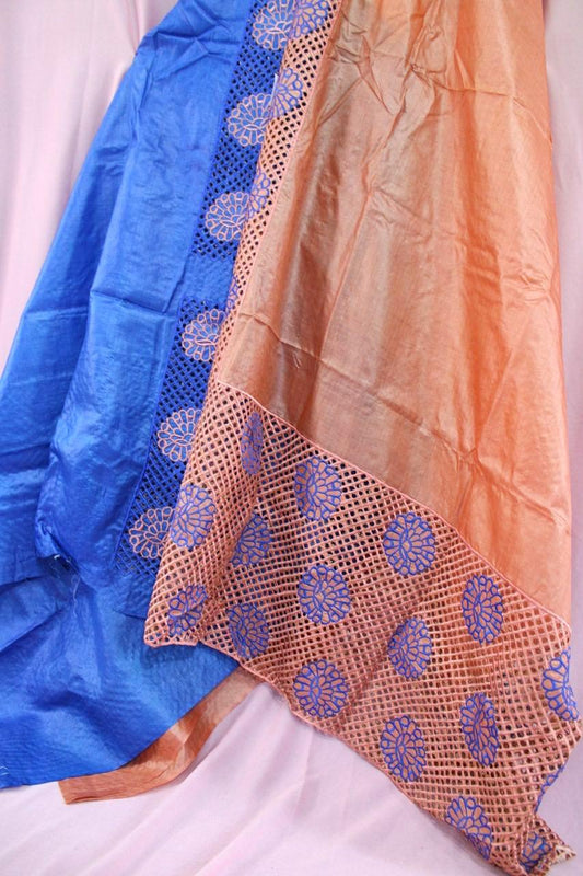 Peach & Royal Blue Tussar Handloom Silk Saree