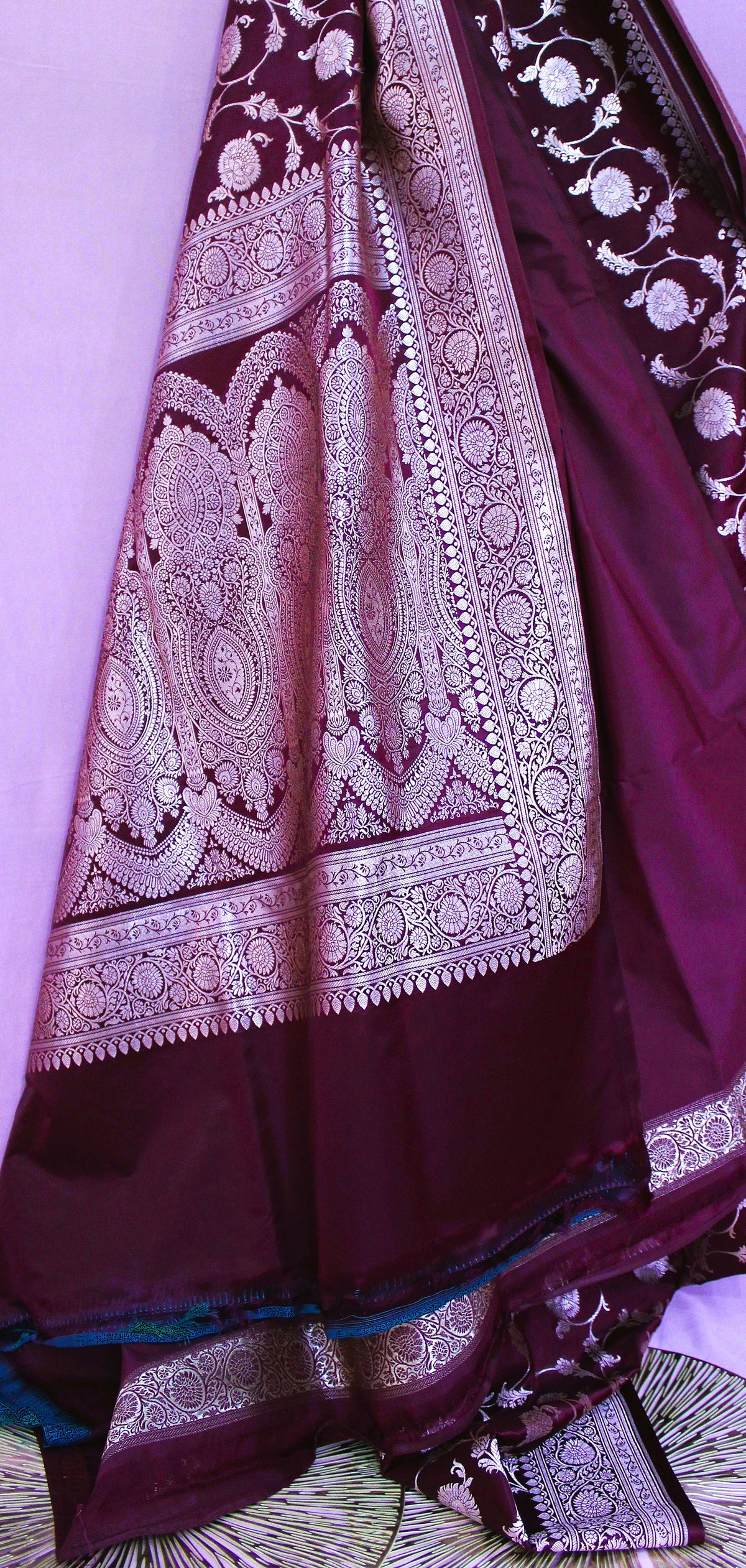 Wine Mashru Satin Banarasi Saree – Floral Jaal Work