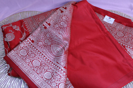 Ruby Red Mashru Satin Banarasi Saree