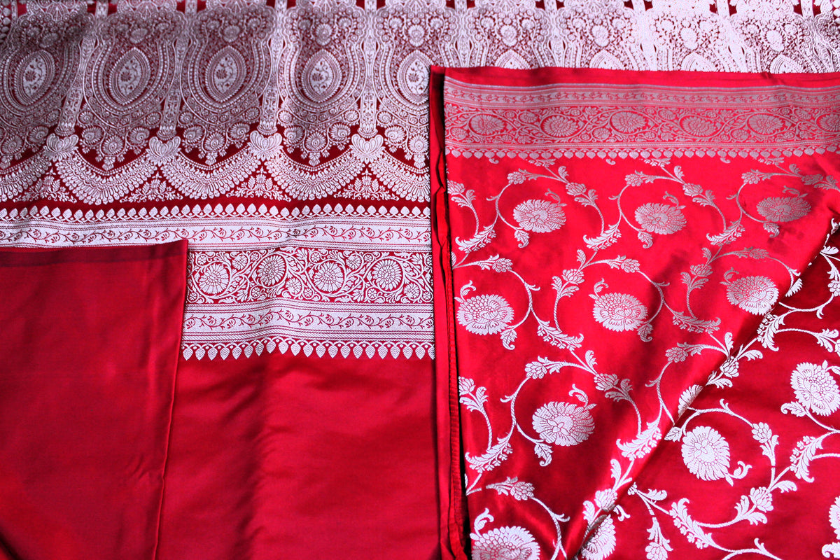 Ruby Red Mashru Satin Banarasi Saree