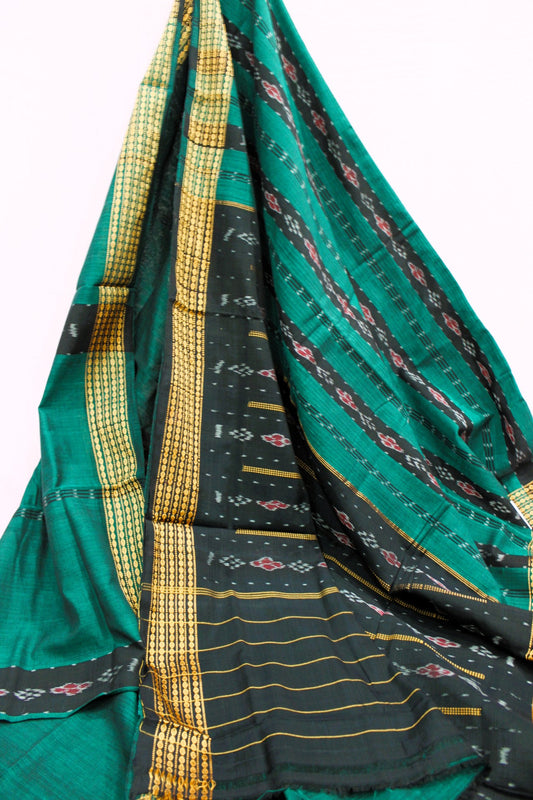 Teal Green & Black Sambalpuri Bandha Saree