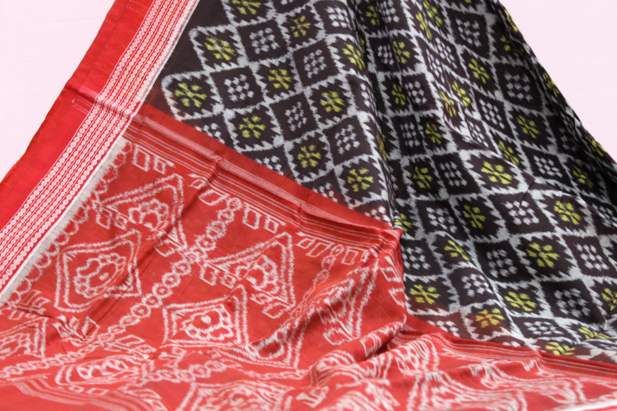 Dark Brown and Red Sambalpuri Bandha Ikat Saree