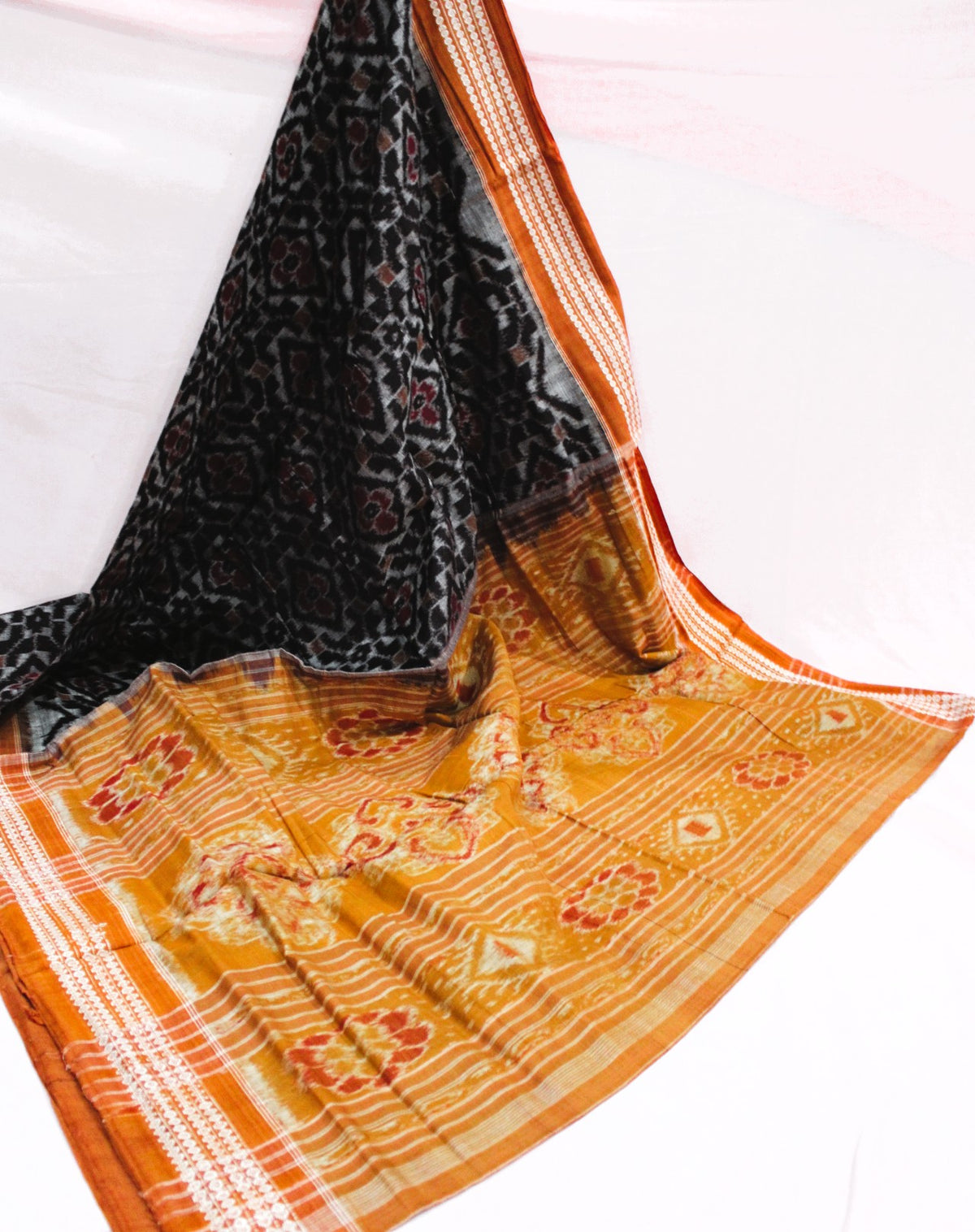 Black & Mustard Orange Floral Bandha Saree