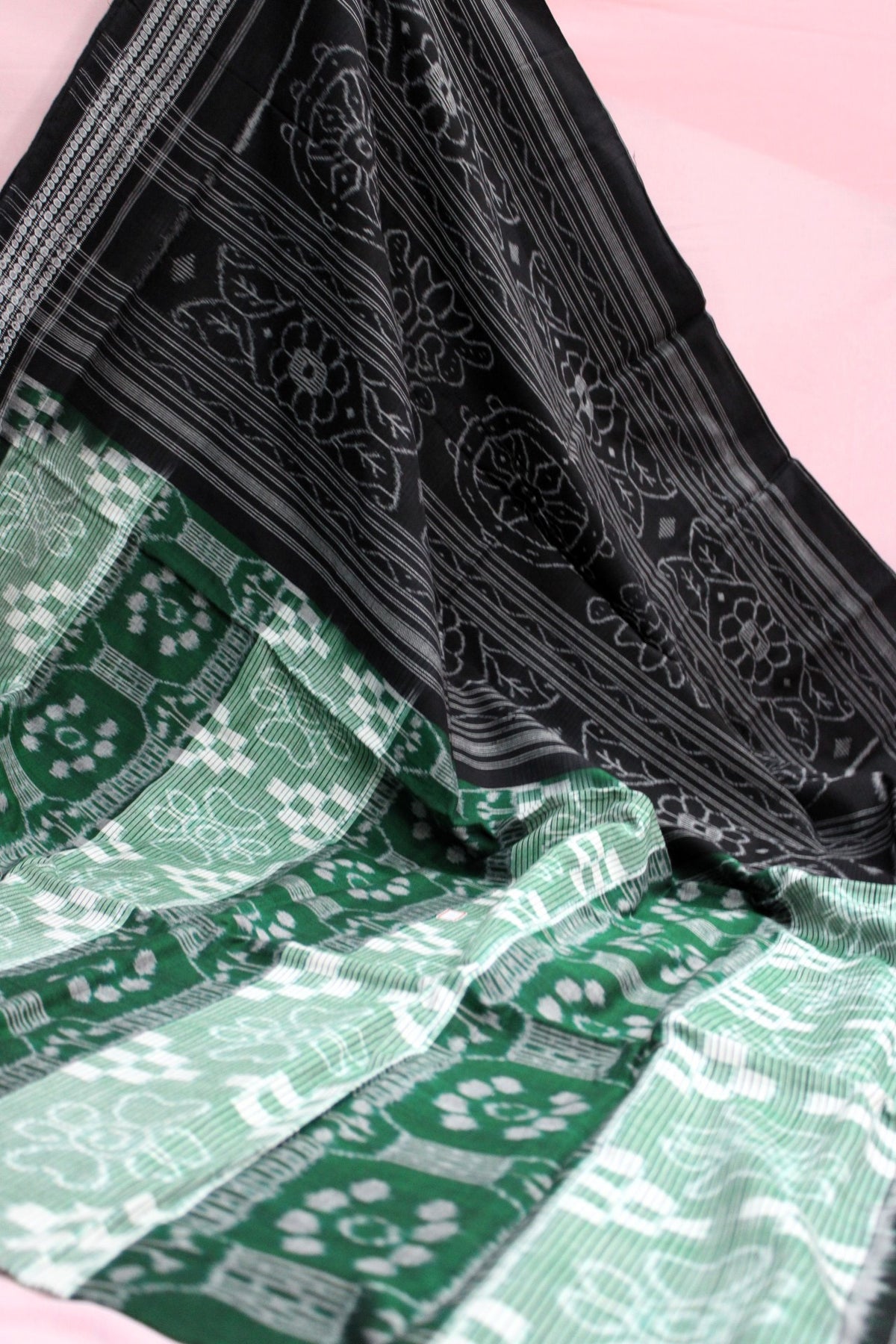 Black and Green Sambalpuri Bandha Ikat Cotton Saree