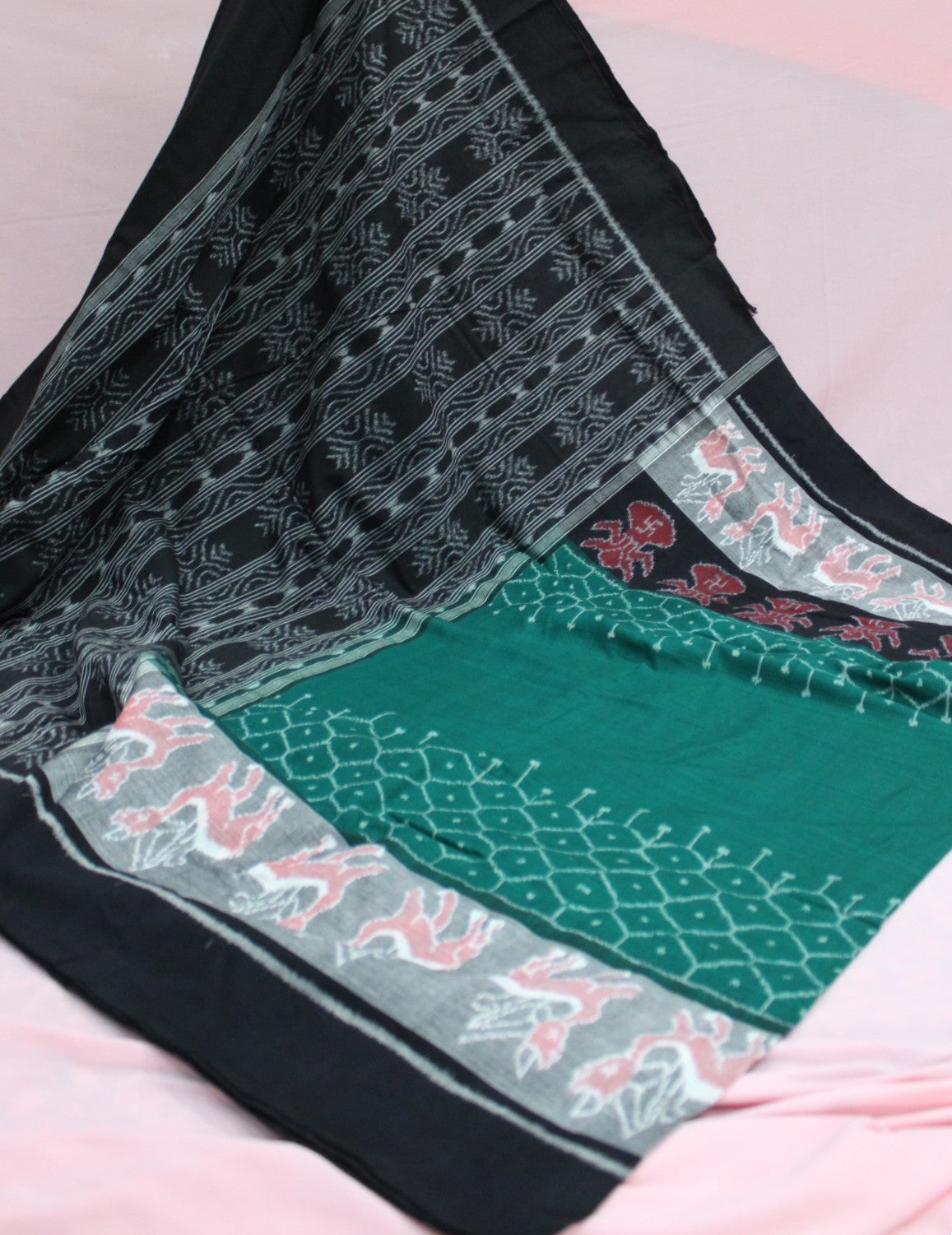 Black and Teal Green Sambalpuri Bandha Ikat Saree