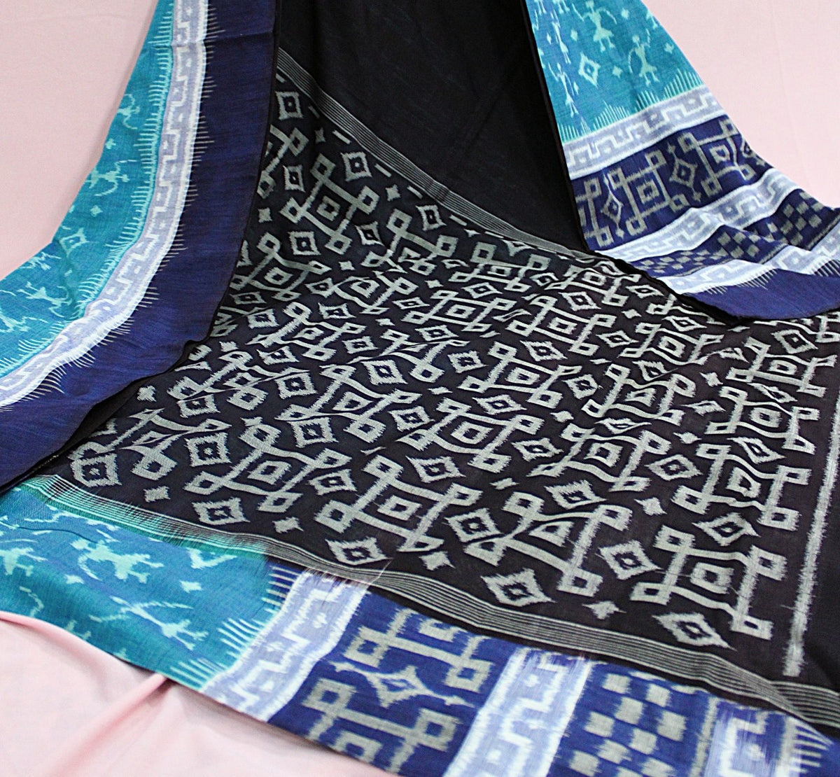 Black, Turquoise Blue & Navy Sambalpuri Bandha Ikat Saree