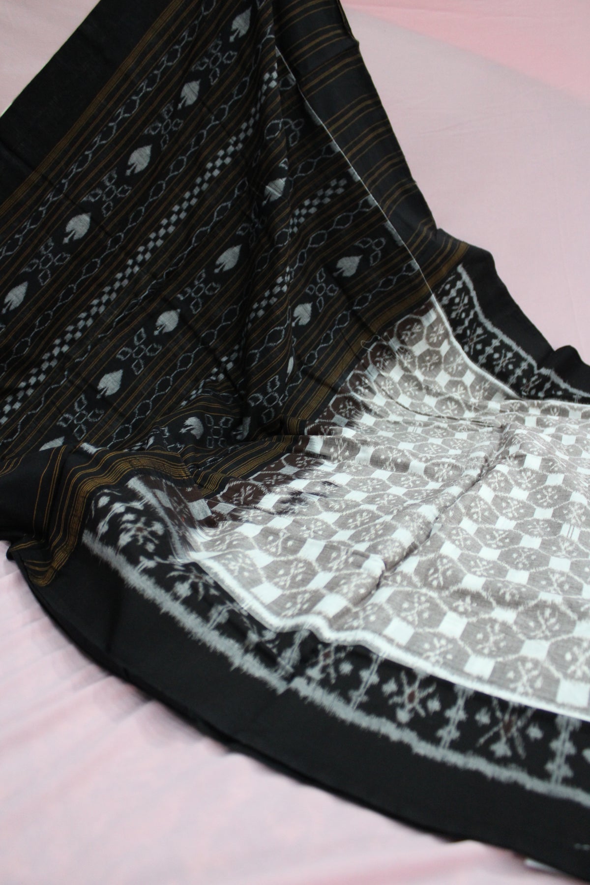 Black & Ivory Sambalpuri Bandha Ikat Cotton Saree