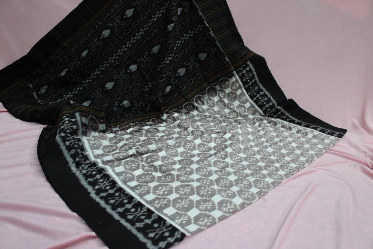 Black & Ivory Sambalpuri Bandha Ikat Cotton Saree