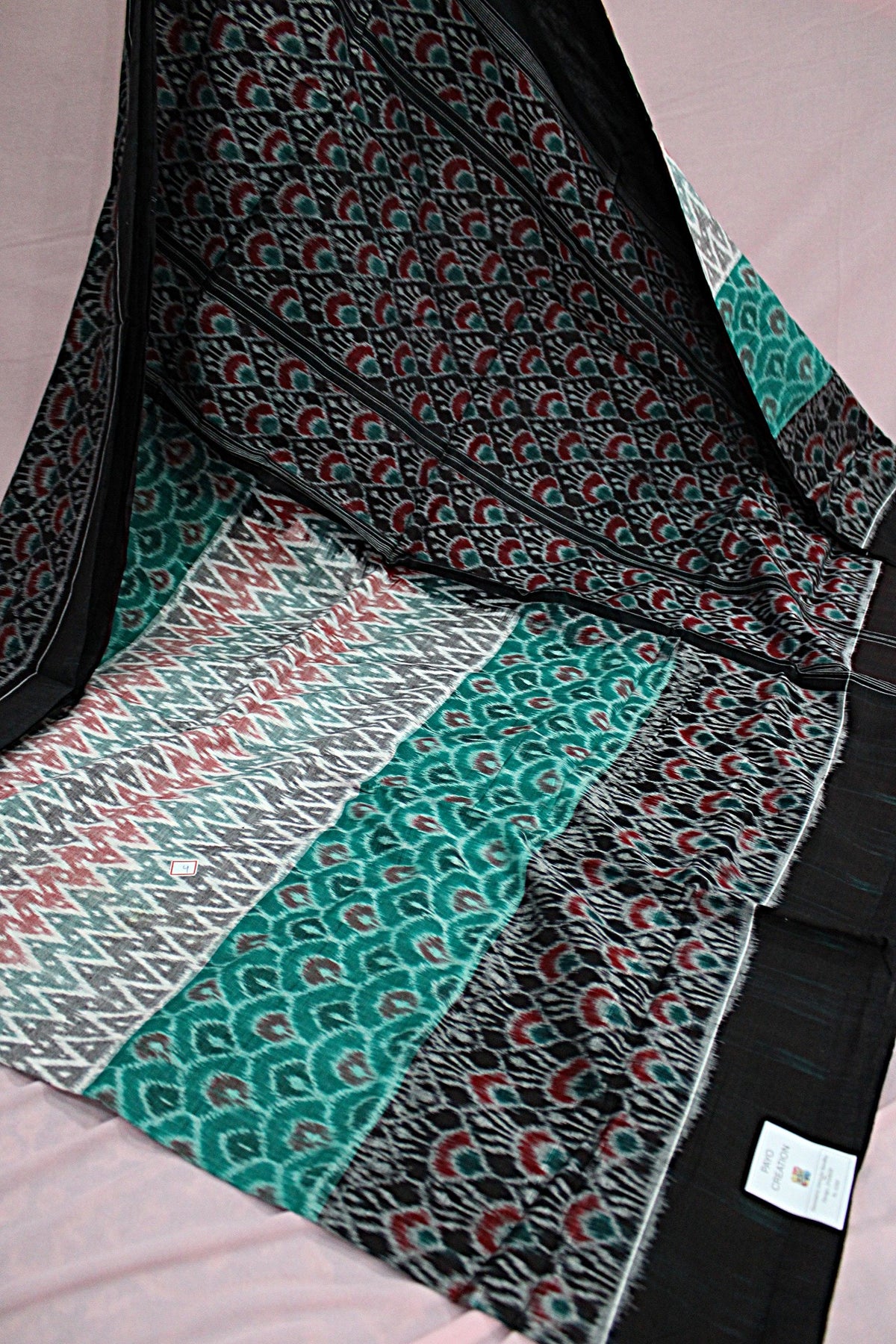 Black, Teal Green & Maroon Sambalpuri Bandha Ikat Cotton Saree