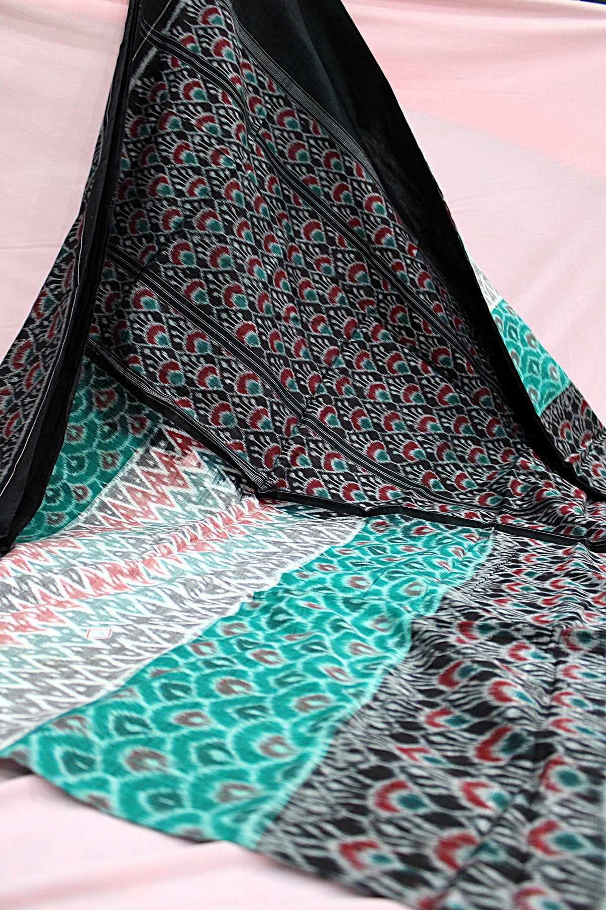 Black, Teal Green & Maroon Sambalpuri Bandha Ikat Cotton Saree