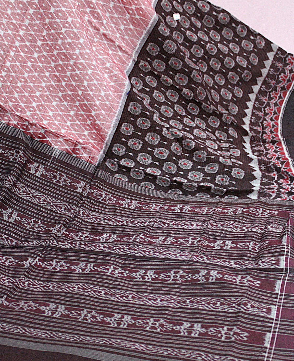 Dusty Rose & Deep Maroon Sambalpuri Bandha Ikat Cotton Saree