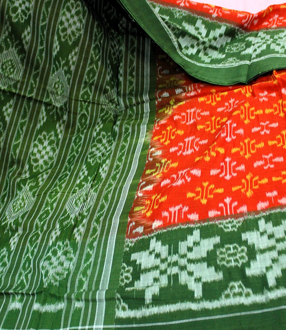 Green & Vermilion Red Sambalpuri Bandha Ikat Cotton Saree